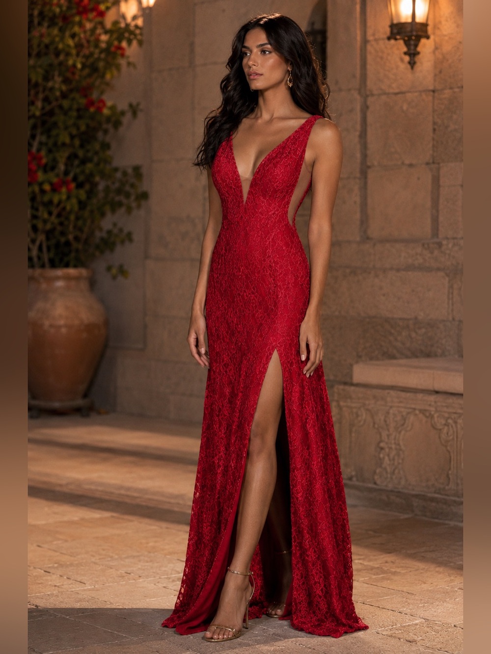 May Queen Couture Red Glam Maxi Dress with Slit Ftont Shiny Yarn Floral 12 Tank
